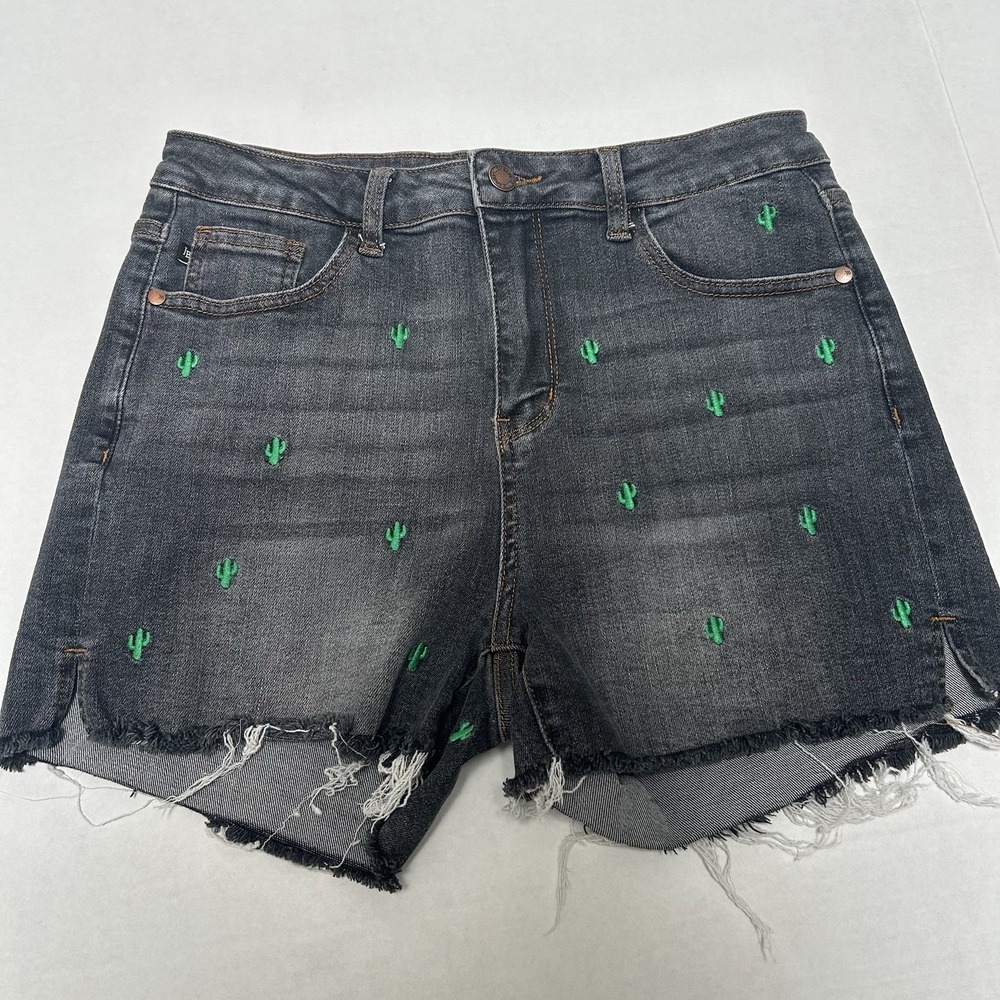 Judy Blue Hi-Rise Gray Cactus Denim Jean Shorts Size Large Style #150111 Raw Hem - Picture 4 of 6